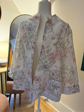 Hand Crafted White Floral Cardigan with Pink and Green Accents